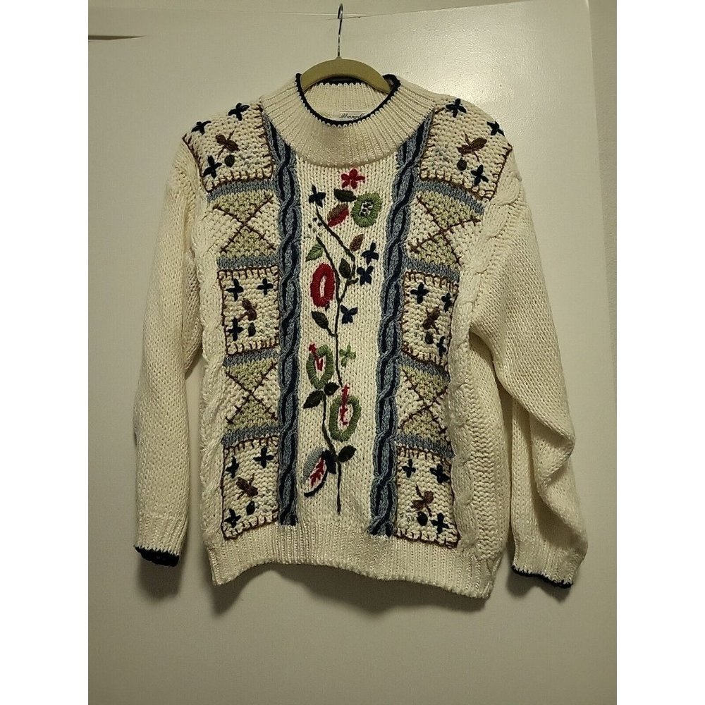 Vintage Margules Women's Floral Embroidered  Knit Sweater Med